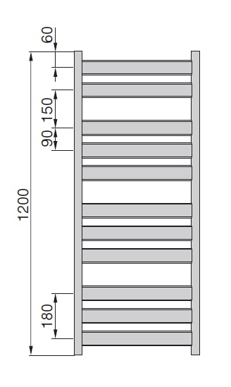 Zehnder Zeta törölközőszárítós radiátor 600x1200 egyenes króm PQ6C-120-060 műszaki adatlap